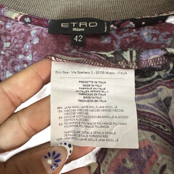 Etro Milano Womens Paisley Wool Viscose Knit Long Sleeve Top Red Multicolor EU42 - Picture 5 of 7